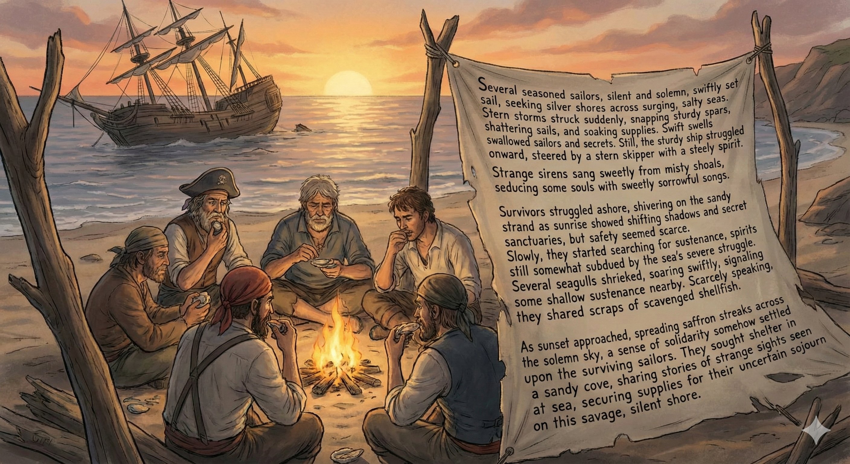 Write an alliteration that is at least 100 words in length. Avoid using words where the first letter breaks the pattern. Then, make an image depicting the scene described by the alliteration, and put the alliteration text somewhere in the image that makes sense semantically (such that the text is part of the scene)