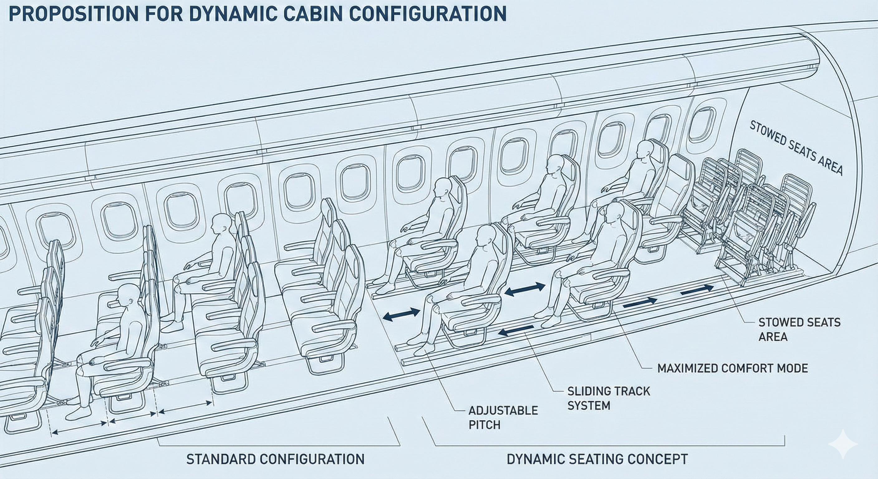 image of inside of a plane, where, on on the left side of the aisle, about half of the seats are taken; it looks like normal. on the right side of the aisle, there is the same number of people, but only half the seats, so all the seats are occupied and there is twice as much space between each row of seats. make it a technical diagram style, such as a proposition of a novel comfort-maximizing seat technology where seats (demonstrated on right side) can be slid along a track so as to stow the unused ones in the back; dynamic seating
