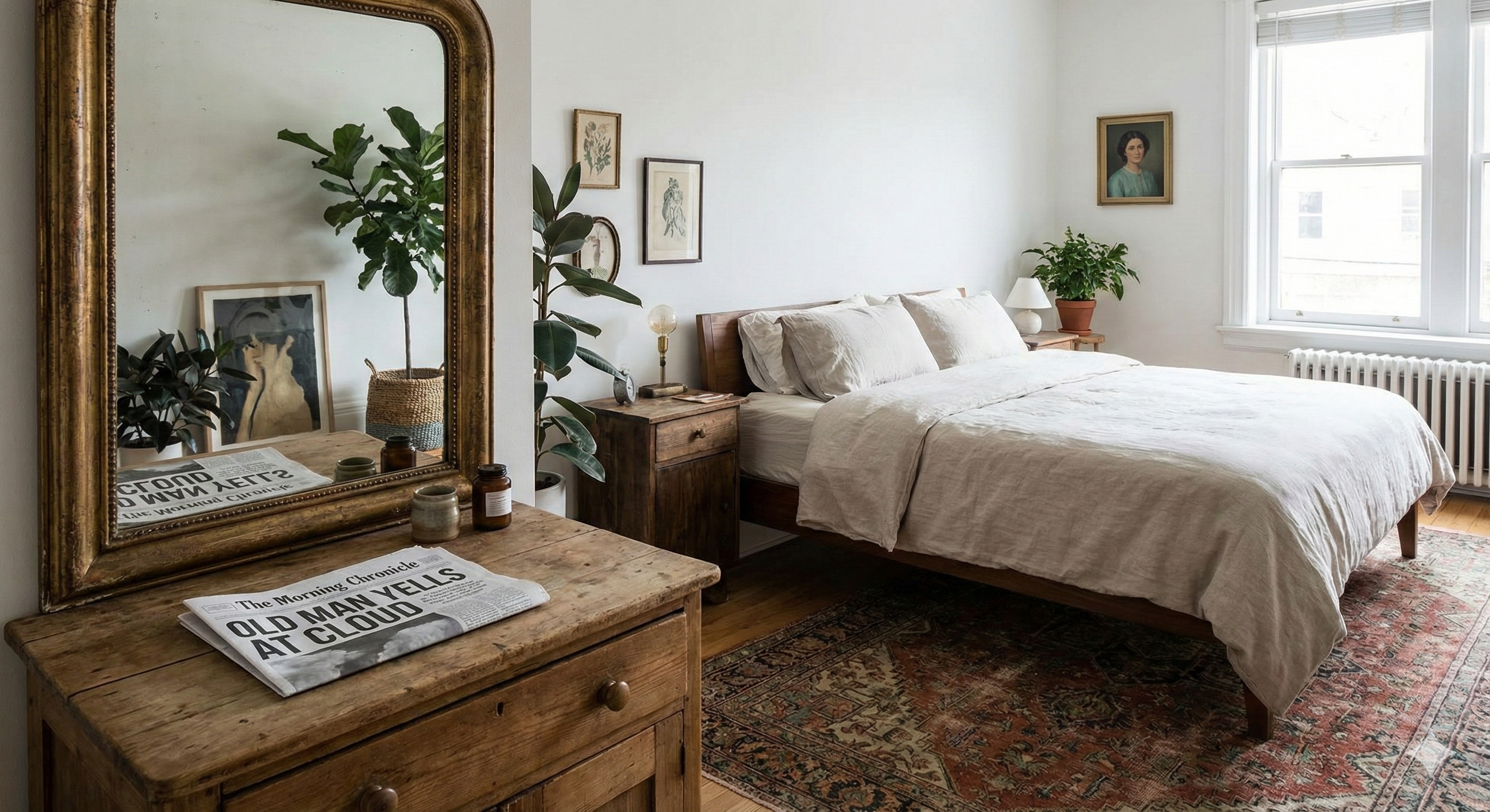 Photo of a nicely designed bedroom. A newspaper rests on the table below a mirror. The text on the newspaper is 'Old man yells at cloud.' The text is reversed in the mirror.