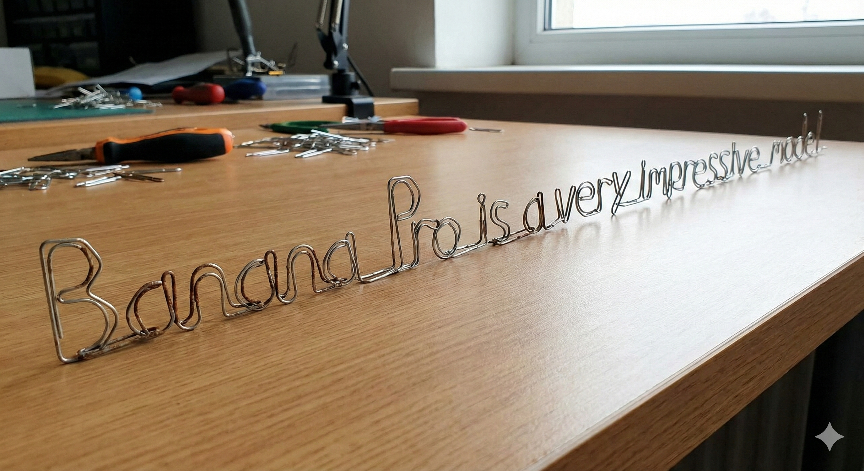 a long string of paperclips bent to spell out 'Banana Pro is a very impressive model'