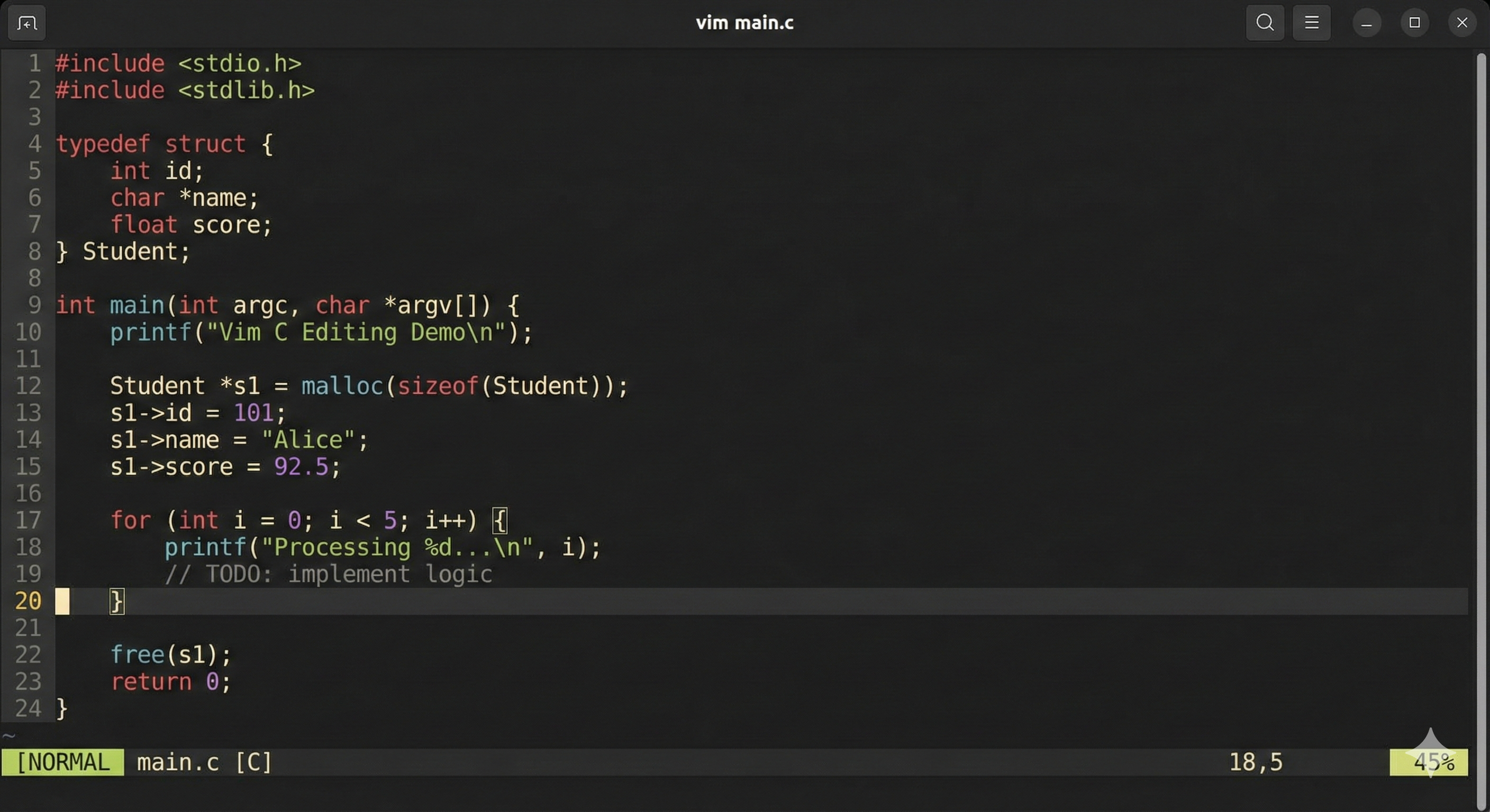 make a screenshot (DIRECT SCREENSHOT, NOT a photo of the computer) of C code being edited in vim, with syntax highlighting