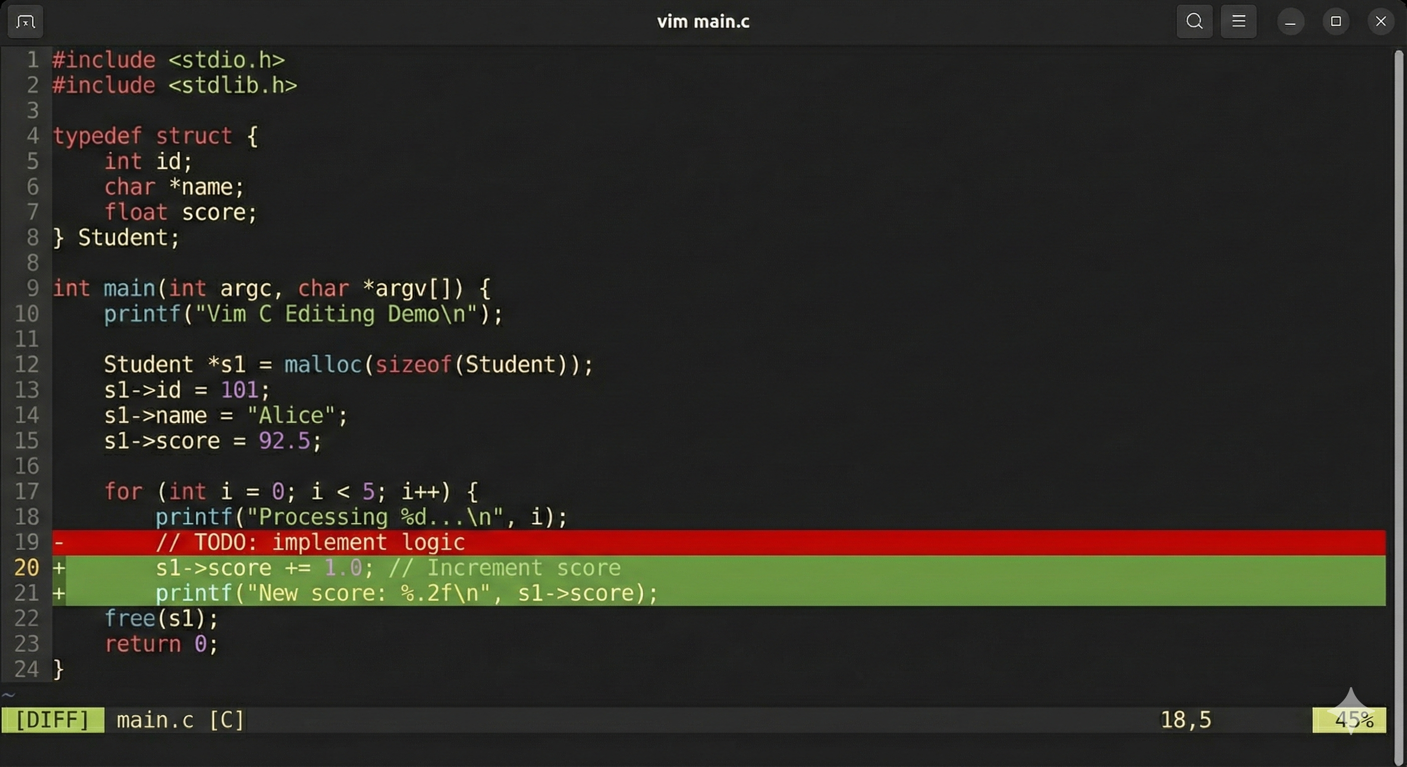 instead of just showing the updated code, show a diff inline of old vs new code